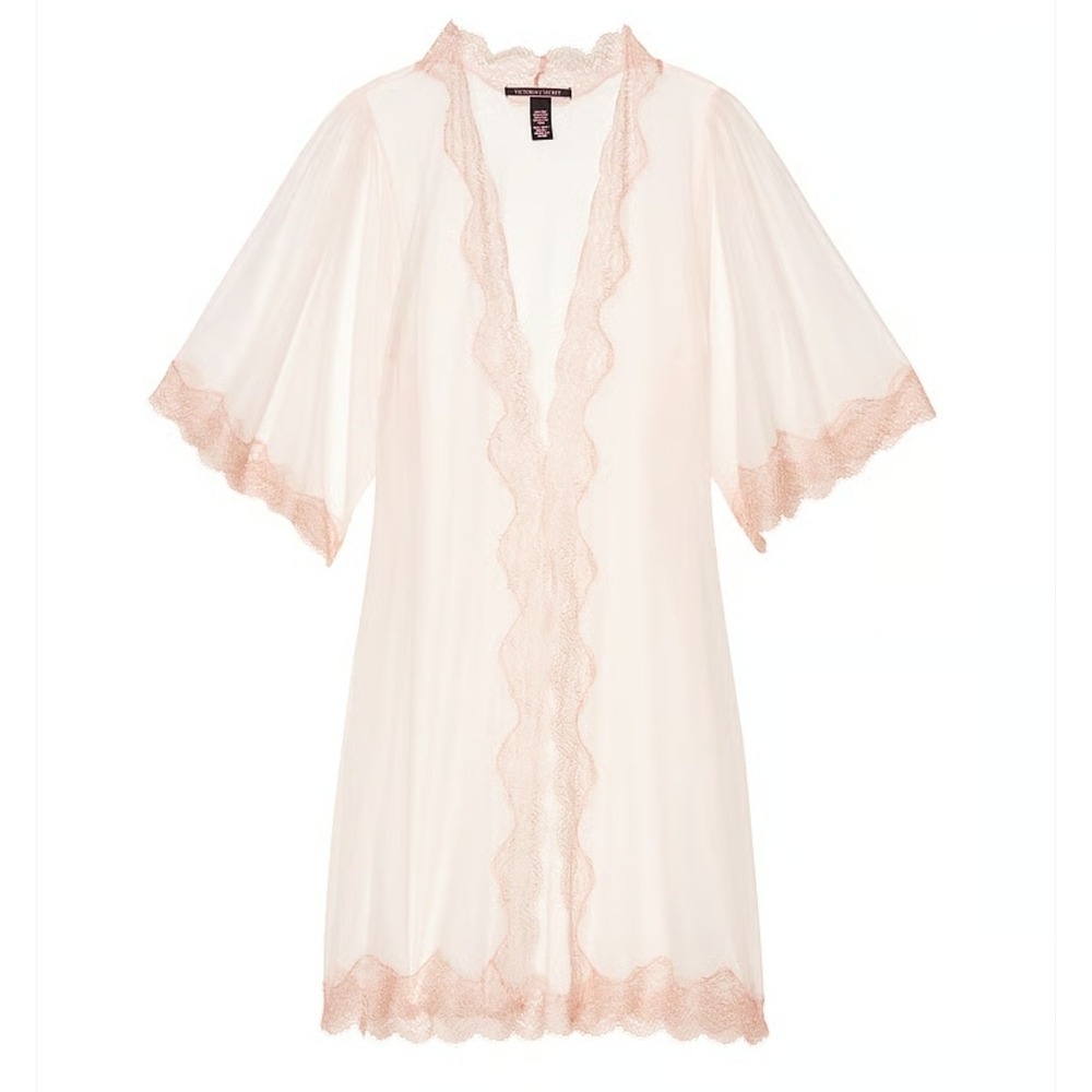 Victorias Secret Pink Sheer Mesh Lace Tulle Kimono Robe M/L NWT Vintage Lingerie